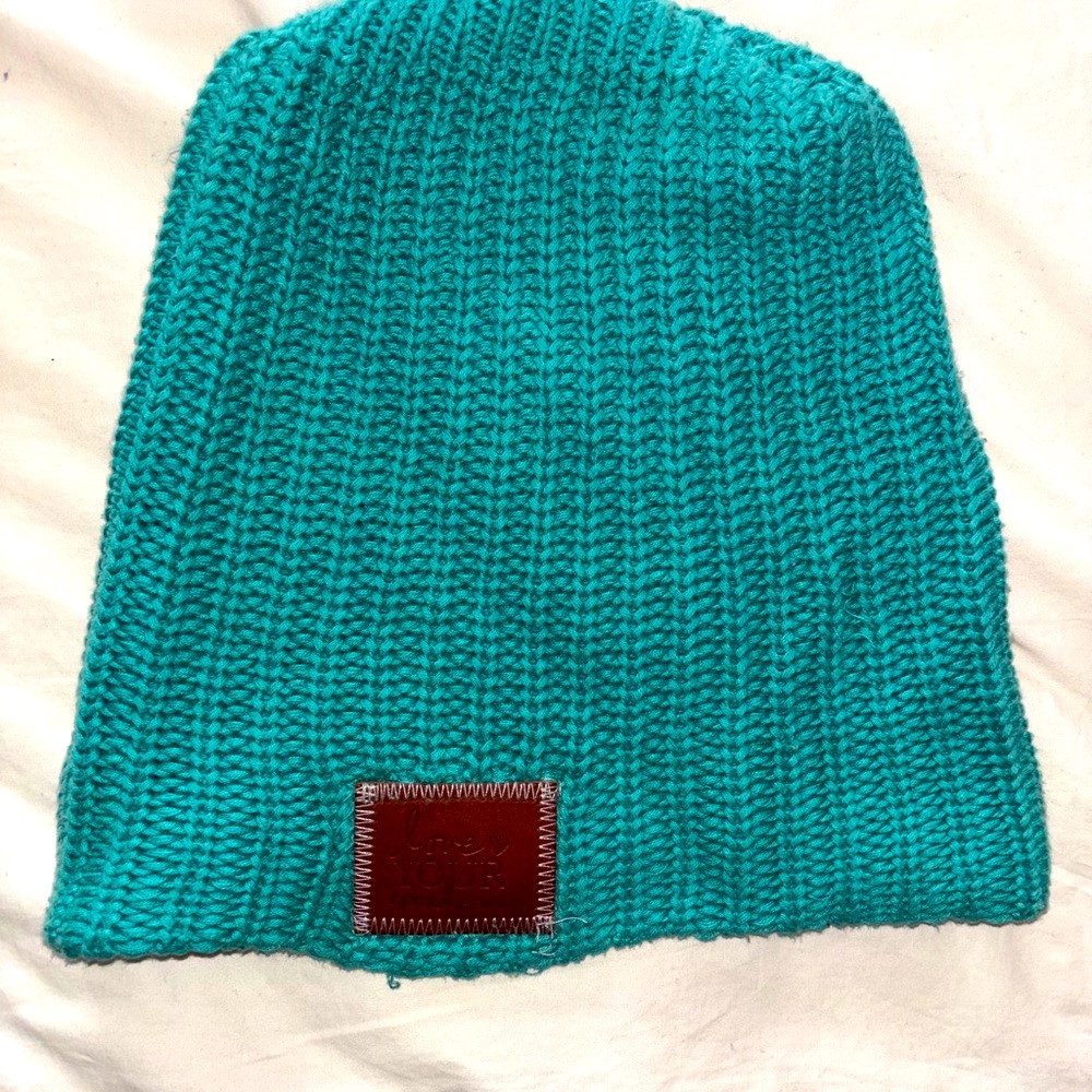 Teal Knit Beanie with Leather Patch 100% thick cable knit cotton hat skully cap - Picture 7 of 7